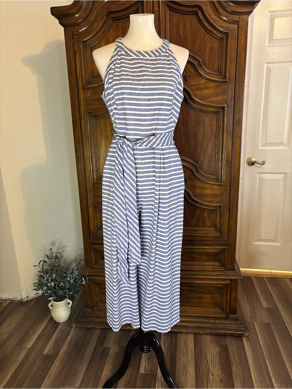 1901 striped halter cropped jumpsuit with tie belt